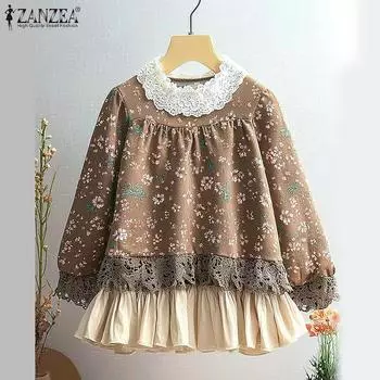 ZAZNEA Женские повседневные кружевные блузки с круглым вырезом и цветочным принтом с длинным рукавом S хаки