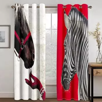 Zebra Digital Printing Curtains, White and Red Background, Living Room, Bedroom Bay Window Shade Cloth, Floor to Ceiling 50W160H(CM)x2Panel&Hook