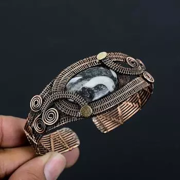 Зебра Джаспер Драгоценный камень Чистая медная проволока Обернутая вручную манжета/браслет Ювелирные изделия Adjustable чёрный