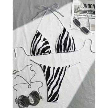 Зебра Холтер Мини Стринги Бикини Женская Купальная Одежда Женский Купальник Раздельный Комплект Бикини С Подкладкой Купальник Для Плавания S черный белый