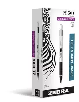 Zebra Pen Mechanical Pencil Stainless Steel Barrel Medium Fine Black Grip 12 Pack M-301 0.7mm