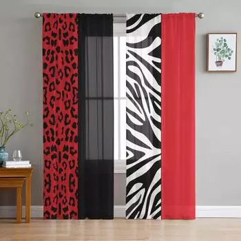 Zebra Print Leopard Red Black Tulle Window Curtains Living Room Organza Sheer Voile Curtain Bedroom Kitchen Home Decor Drape W135 x H115cm x1&Rod Pocket