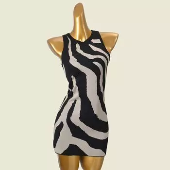Zebra-Print Slim-Fit Sleeveless Dress Black S