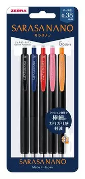 Zebra Sarasa Nano Gel Ballpoint Pen, 0.38mm, 5-Color Set, JJX72-5C-A-N