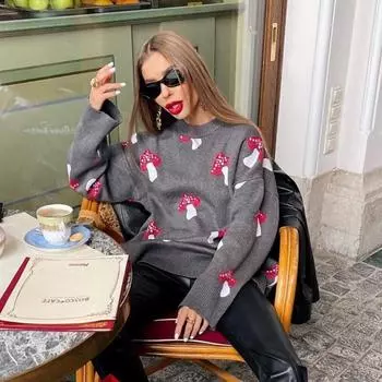 Zekye Грибной Графический Милый Черный Свитер Женский Зимний Свободный Трикотаж С Длинным Рукавом Повседневная Базовая Верхняя Одежда Осенний Пуловер Элегантный S