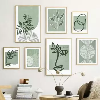 Зеленая абстрактная линия, арочные листья, картина для лица девушки, холст, постеры на скандинавскую тему и принты, настенные панно для декора гостиной 21*30cm