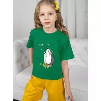Зеленая футболка для девочек с рисунком ёжика Детская одежда для девочек Футболки с рисунком Детские футболки для девочек Лето 100cm