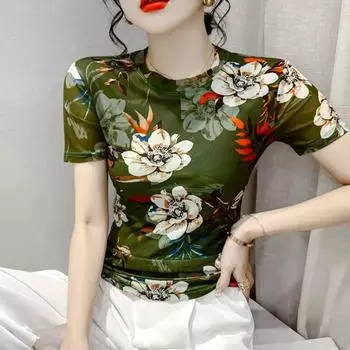 Зеленая футболка с 3D цветочным принтом, женская тонкая узкая футболка с коротким рукавом, сексуальная винтажная офисная футболка, уличная летняя одежда S