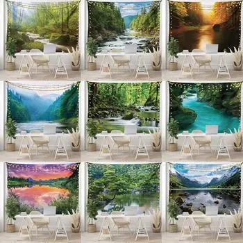 Зеленая гора, река, лес, скальный ручей, природный пейзаж, гобелен с рисунком, украшение для дома, спальни, гостиной, настенный гобелен 100x75cm