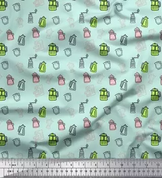 Зеленая хлопковая вуаль Soimoi, кофейная машина и кувшин, кухонная ткань с принтом по метрам, 56 дюймов 42 Inch Wide - Cotton Voile зелёный