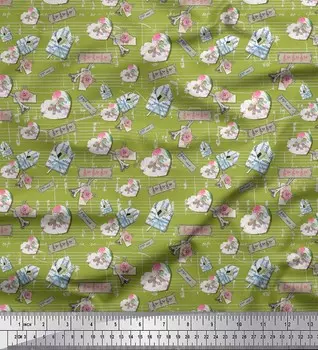 Зеленая хлопковая вуаль Soimoi с цветочным принтом и буквами, винтажная ткань с принтом по метрам, 56 дюймов 42 Inch Wide - Cotton Voile оливковое зеленый