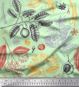 Зеленая креповая ткань Soimoi из полиэстера с принтами фруктов | специй и листьев, 42 дюйма в ярдах 42 Inch Wide - Poly Crepe зелёный