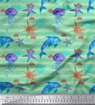 Зеленая креповая ткань Soimoi из полиэстера с принтом желе и морских звезд, океанская ткань в ярдах, 42 дюйма 42 Inch Wide - Poly Crepe зелёный