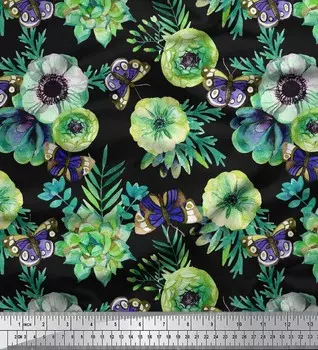 Зеленая креповая ткань Soimoi из полиэстера с листьями | Ткань с принтом насекомых и цветов анемоны от The Yard, 42 дюйма 42 Inch Wide - Poly Crepe зелёный