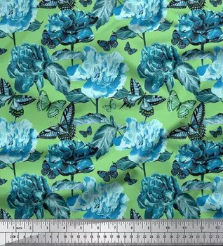 Зеленая креповая ткань Soimoi с листьями | Ткань для рукоделия с цветочным принтом «бабочки и пионы» в ярдах, 42 дюйма 42 Inch Wide - Poly Crepe зелёный
