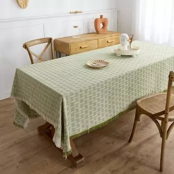 Зеленая крестообразная текстура хлопчатобумажная льняная скатерть квадратная скатерть мешковина скатерти с кисточками для кухни обеда пикника свадьбы 90x150cm светло-серый