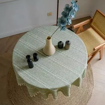 Зеленая круглая скатерть в полоску, вышитая скатерть для стола, скатерть с кисточками для кухни, столовой, декор стола Round 90CM