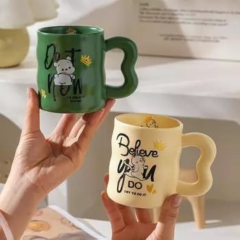 Зеленая кружка 350 мл Милые очки для домашних животных Кошка Девочка Керамическая чашка Ложка с кошачьими когтями Домашний офис Кофе Молоко Вода Чашка Посуда для напитков 350ML