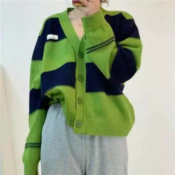 Зеленая куртка, кардиган, женский осенний свободный полосатый удобный топ с v-образным вырезом, эластичный, повседневный, универсальный S белый