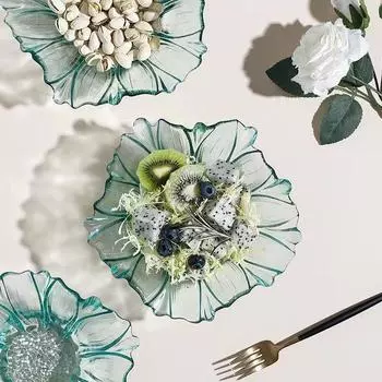 Зеленая лепестковая нежная фруктовая тарелка Домашняя салатница Бегония Стеклянная фруктовая тарелка Тарелка для димсамов