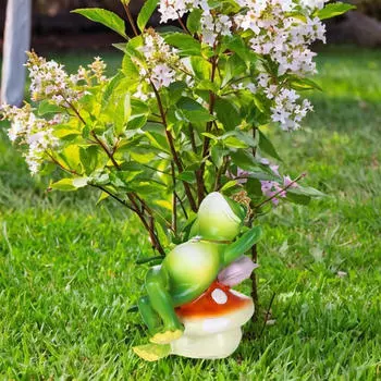 Зеленая лягушка, сидящая на грибной статуе, украшение для сада, коллекционная милая скульптура из смолы для бассейна 8.5x7x10cm