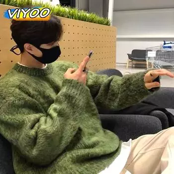 Зеленая мужская одежда, свитер, японский винтажный однотонный повседневный пуловер большого размера, вязаный свитер, зимний корейский мужской костюм с длинными рукавами XL чёрный