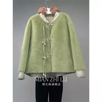 Зеленая новая китайская меховая куртка из овечьей шерсти для женщин, зима 2024, новая теплая, очень красивая одежда из хлопка в национальном стиле S recommends 80-50kg