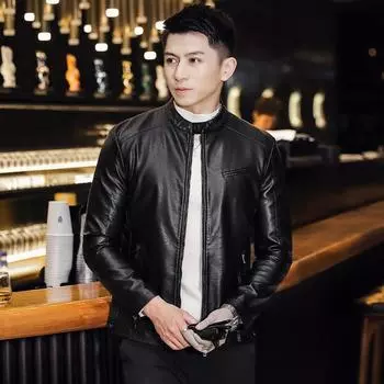 Зеленая осенне-зимняя кожаная куртка мужская осенняя повседневная куртка с воротником-стойкой тонкая кожаная куртка мужская прямая ветрозащитная куртка M