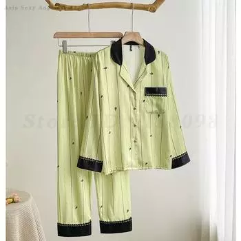 Зеленая пижама для женщин весна и осень Ice Silk с длинными рукавами, брюки, комплект из 2 предметов, полосатая пижама, домашняя одежда, домашняя одежда M зелёный