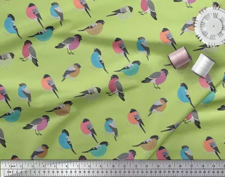 Зеленая поли креповая ткань Soimoi, рыжая ткань с принтом мухоловки и птицы по метрам, 42 дюйма 42 Inch Wide - Poly Crepe зелёный