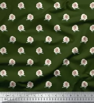 Зеленая поли креповая ткань Soimoi с цветочным принтом розы, швейная ткань по метрам, 42 дюйма 42 Inch Wide - Poly Crepe зелёный