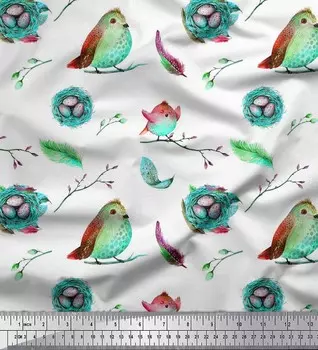 Зеленая полиэфирная креповая ткань Soimoi Nest | Швейная ткань с перьями и художественными птицами BTY, 42 дюйма 42 Inch Wide - Poly Crepe зелёный