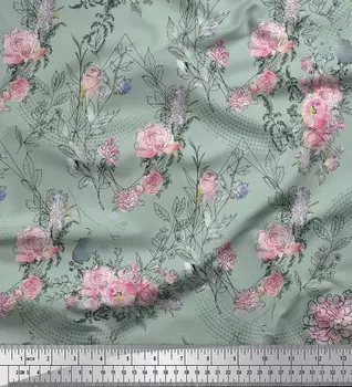 Зеленая полиэфирная креповая ткань Soimoi с цветами и пионами, цветочный декор, ткань с принтом BTY, 42 дюйма 42 Inch Wide - Poly Crepe зелёный