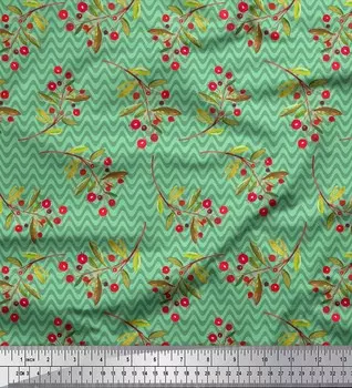 Зеленая полиэфирная креповая ткань Soimoi с волнами и красными ягодами и фруктовыми принтами по метрам 42 дюйма 42 Inch Wide - Poly Crepe зелёный