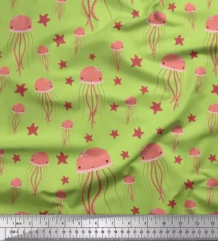 Зеленая полиэфирная креповая ткань Soimoi с желе и морскими звездами, океанская ткань с принтом по метрам, 42 дюйма 42 Inch Wide - Poly Crepe зелёный