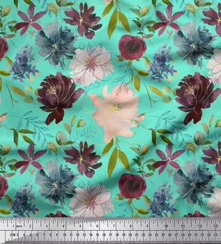 Зеленая полиэфирная креповая ткань Soimoi Ткань для творчества с принтом листьев и пионов и цветочным принтом в ярдах, 42 дюйма 42 Inch Wide - Poly Crepe зелёный