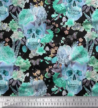 Зеленая полиэфирная креповая ткань Soimoi | Ткань с принтом черепа и цветов, 42 дюйма в ярдах 42 Inch Wide - Poly Crepe зелёный
