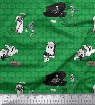 Зеленая японская креп-атласная ткань Soimoi с принтом тыквы и черепа на Хэллоуин, 42 дюйма на метр 42 Inch Wide - Poly Crepe фиолетовый