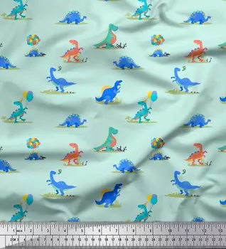Зеленая японская креп-сатиновая ткань Soimoi, детская ткань с принтом воздушных шаров и динозавров, 1 метр, 42 дюйма 42 Inch Wide - Poly Crepe зелёный