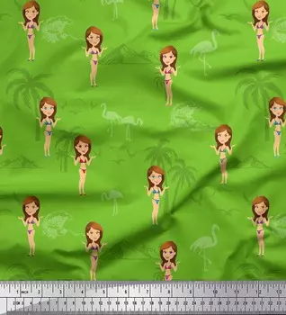 Зеленая японская креп-сатиновая ткань Soimoi, фламинго, пальма и пляжная одежда для девочек, праздничная ткань с принтом, 42 дюйма по метрам 42 Inch Wide - Poly Crepe зелёный