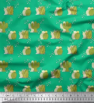 Зеленая японская креп-сатиновая ткань Soimoi Green с принтом морских растений и кактусов, 42 дюйма по метрам 42 Inch Wide - Poly Crepe зелёный