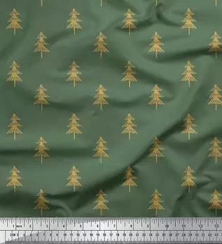 Зеленая японская креп-сатиновая ткань Soimoi Green с принтом рождественской елки, 42 дюйма на метр 42 Inch Wide - Cotton Voile зелёный
