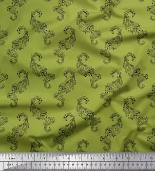 Зеленая японская креп-сатиновая ткань Soimoi Green с принтом первоцвета и пейсли, 42 дюйма по метрам 42 Inch Wide - Poly Crepe зелёный