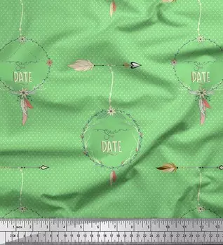 Зеленая японская креп-сатиновая ткань Soimoi Green в горошек, со стрелками и надписью «Сохранить дату», принт на ткани по метрам, 42 дюйма 42 Inch Wide - Poly Crepe зелёный