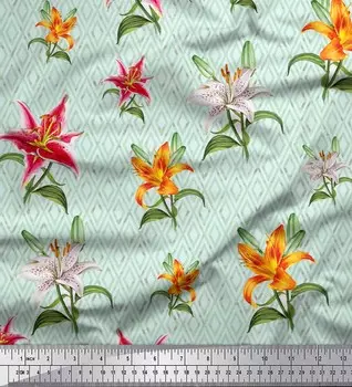 Зеленая японская креп-сатиновая ткань Soimoi Green с цветочным принтом бриллиантов и лилий, 42 дюйма по метрам 42 Inch Wide - Japan Crepe Satin зелёный