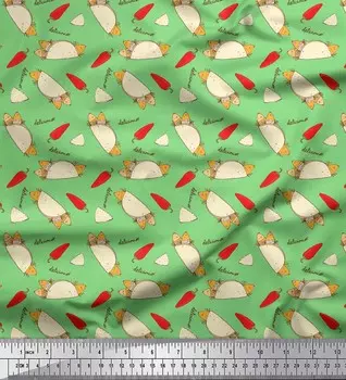 Зеленая японская креп-сатиновая ткань Soimoi, красный перец чили и тако, ткань с пищевым принтом, 42 дюйма на метр 42 Inch Wide - Poly Crepe зелёный