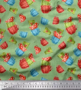 Зеленая японская креп-сатиновая ткань Soimoi, кухонная ткань с принтом для чашек и кружек, 42 дюйма на метр 42 Inch Wide - Poly Crepe зелёный