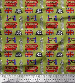 Зеленая японская креп-сатиновая ткань Soimoi, лондонская тема, ткань с архитектурным принтом по метрам, 42 дюйма 42 Inch Wide - Cotton Voile зелёный