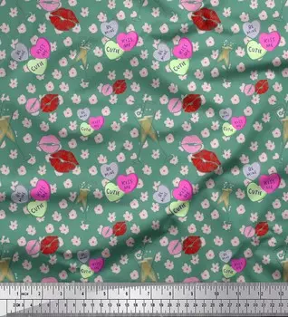 Зеленая японская креп-сатиновая ткань Soimoi, мазок кисти, сердце и бокал для вина, ткань с принтом для вечеринок, 1 метр, 42 дюйма 42 Inch Wide - Poly Crepe зелёный