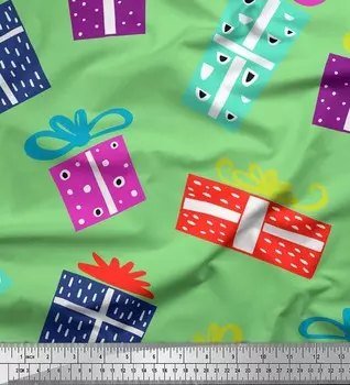 Зеленая японская креп-сатиновая ткань Soimoi, подарочная коробка с принтом для вечеринок, ткань для рукоделия по метрам, 42 дюйма 42 Inch Wide - Poly Crepe зелёный